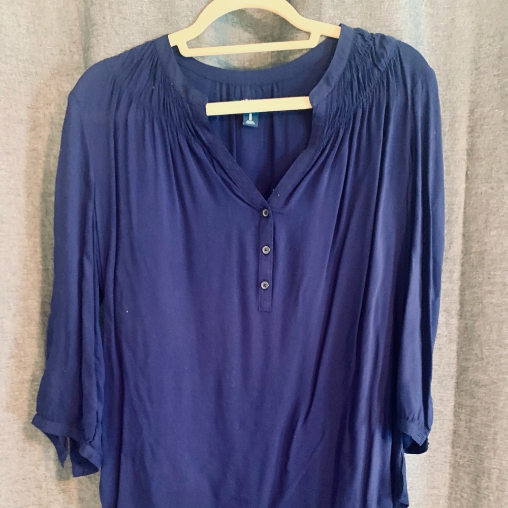 Blue softened silk blouse - vneck with buttons